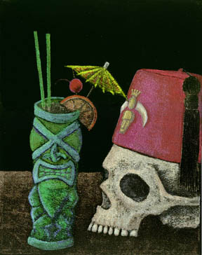 skull with fez, velvet painting by Tiki King